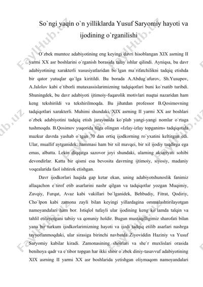 so`ngi yaqin o`n yilliklarda yusuf saryomiy hayoti va ijodining o`rganilishi — DOC