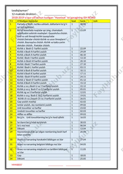 husnixat to'garagining ish rejasi — DOCX