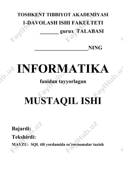 sql tili yordamida so’rovnomalar tuzish — DOCX