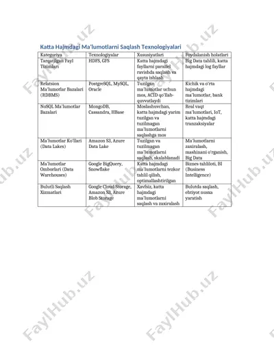 katta hajmdagi ma'lumotlarni saqlash texnologiyalari — DOCX