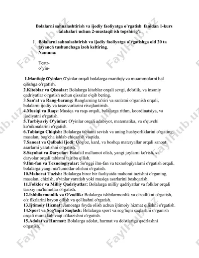 bolalarni sahnalashtirish va ijodiy faoliyatga o’rgatish fanidan 1-kurs talabalari uchun 2-mustaqil ish topshirig'i — DOCX