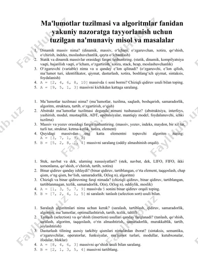 ma'lumotlar tuzilmasi va algoritmlar fanidan yakuniy nazoratga tayyorlanish uchun tuzilgan na'munaviy misol va masalalar — DOCX