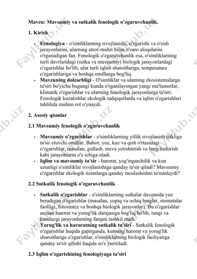 mavsumiy va sutkalik fenologik o’zgaruvchanlik — DOCX