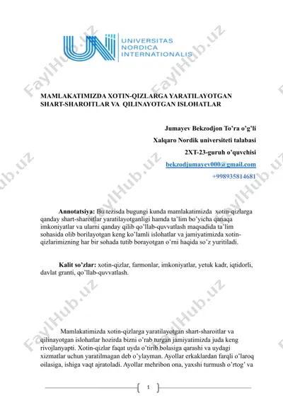 mamlakatimizda xotin-qizlarga yaratilayotgan shart-sharoitlar va qilinayotgan islohatlar — DOCX