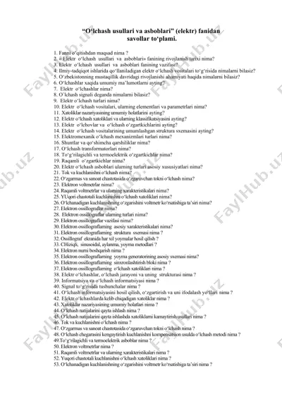 "o‘lchash usullari va asboblari" (elektr) fanidan savollar to‘plami — DOCX