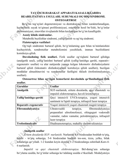 tayanch-harakat apparati kasalliklarida reabilitatsiya usullari. surunkali og‘riq sindromi. osteoartroz — DOCX
