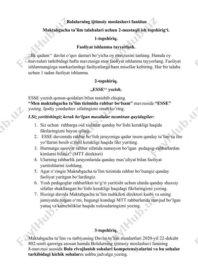 bolalarning ijtimoiy moslashuvi fanidan maktabgacha ta’lim talabalari uchun 2-mustaqil ish topshirig‘i. — DOCX