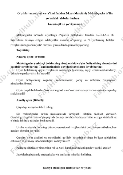 o‘yinlar nazariyasi va ta’limi fanidan 2-kurs masofaviy maktabgacha ta’lim yo‘nalishi talabalari uchun 1-mustaqil ish yo‘riqnomasi — DOCX