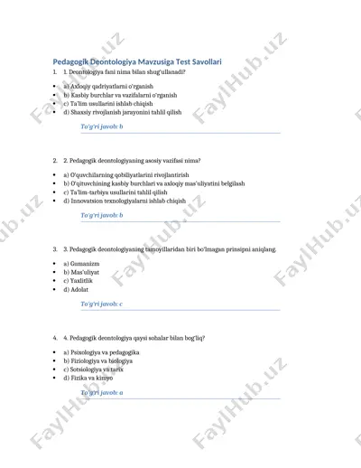 pedagogik deontologiya mavzusiga test savollari — DOCX