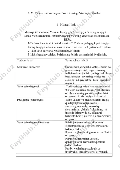 yosh va pedagogik psixologiya fanidan mustaqil ish — DOCX