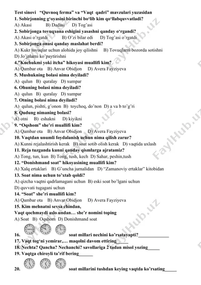 test sinovi “quvnoq ferma” va “vaqt qadri” mavzulari yuzasidan — DOCX