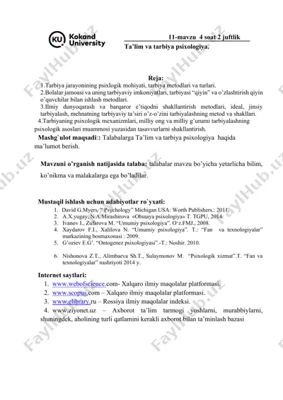 tarbiya jarayonining psixlogik mohiyati, tarbiya metodlari va turlari — DOCX