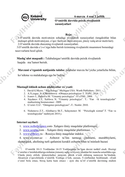 o’smirlik davrida motivatsion sohadagi rivojlanish xususiyatlari, shaxsning rivojlanish xususiyatlari, o’z-o’ziga baho berish tizimining rivojlanishi muammosi — DOCX