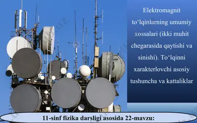 elektromagnit to‘lqinlarning umumiy xossalari (ikki muhit chegarasida qaytishi va sinishi). to‘lqinni xarakterlovchi asosiy tushuncha va kattaliklar 11-sinf — PPT