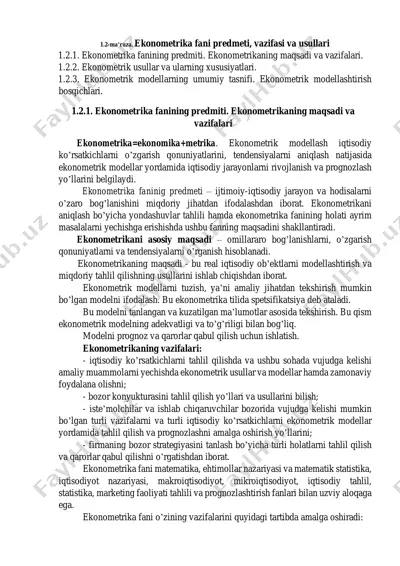 ekonometrika fani predmeti, vazifasi va usullari — PDF