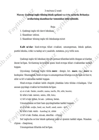 qadimgi ingliz tilining leksik qatlami va o'rta asrlarda britaniya orollarining skandinavlar tomonidan istilo qilinishi — PDF