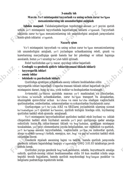yo‘l mintaqasini tayyorlash va uning uchun zarur bo‘lgan mexanizmlarning ish unumdorligini aniqlash — PDF