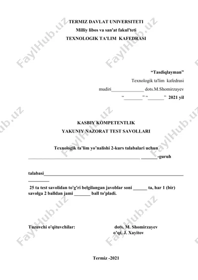 kasbiy kompetentlik yakuniy nazorat test savollari — DOCX