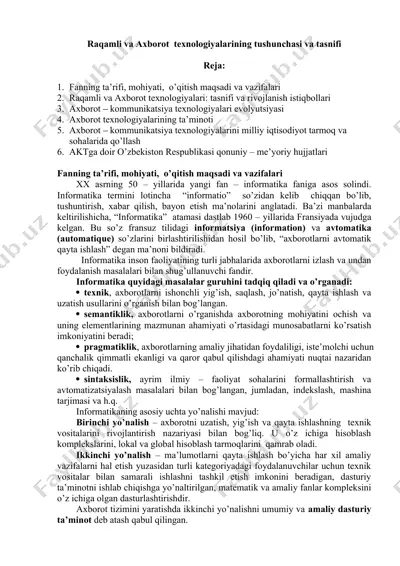raqamli va axborot texnologiyalarining tushunchasi va tasnifi — DOCX
