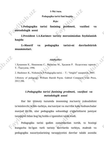 pedagogika tarixi fanining predmeti, vazifasi va metodologik asosi — DOCX