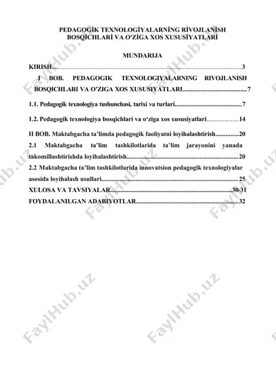pedagogi̇k texnologi̇yalarni̇ng ri̇vojlani̇sh bosqi̇chlari̇ va o'zi̇ga xos xususi̇yatlari̇ — DOCX