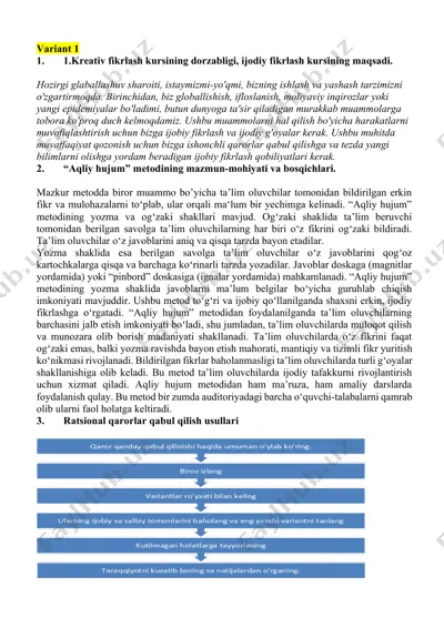 kreativ fikrlash kursining dorzabligi, ijodiy fikrlash kursining maqsadi — DOCX