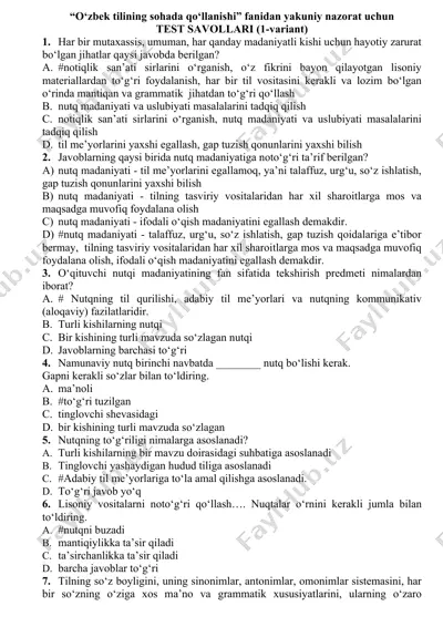 “o‘zbek tilining sohada qo‘llanishi” fanidan yakuniy nazorat uchun test savollari (1-variant) — DOCX