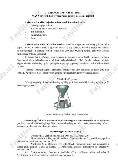 laboratoriya ishi (gipsli bog’lovchilarning hajmiy massasini aniqlash) — DOCX