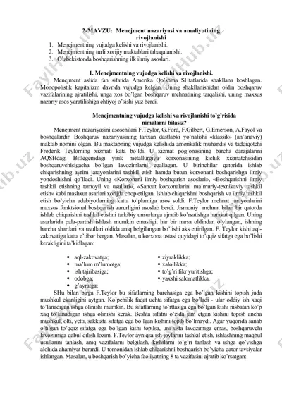 menejment nazariyasi va amaliyotining rivojlanishi — DOCX