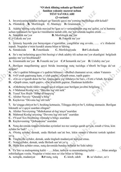 "o‘zbek tilining sohada qo‘llanishi" fanidan yakuniy nazorat uchun test savollari (2-variant) — DOCX