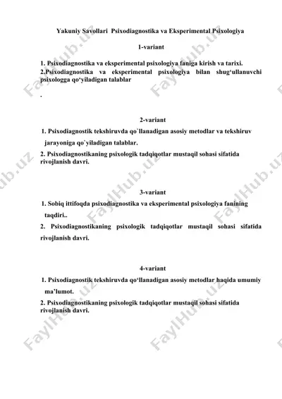 yakuniy savollari psixodiagnostika va eksperimental psixologiya — DOCX