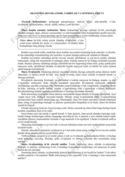 shaxsning rivojlanishi, tarbiyasi va ijtimoiylashuvi — DOCX