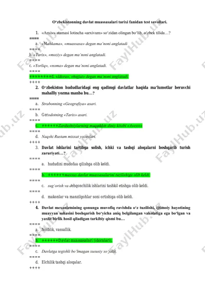 davlat muassasalari tarixi fanidan test 2-semestr yangi kalit — PDF
