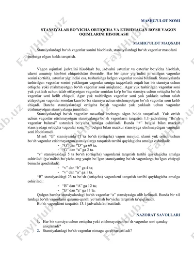 stansiyalar bo'yicha ortiqcha va etishmagan bo'sh vagon oqimlarini hisoblash — DOCX