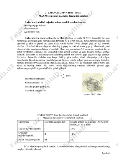 laboratoriya ishi - gipsning maydalik darajasini aniqlash — DOCX