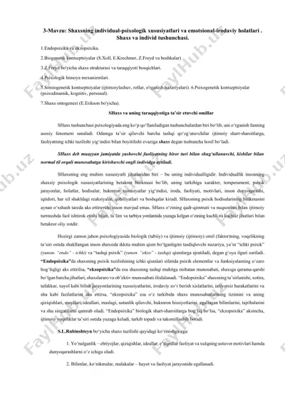 shaxsning individual-psixologik xususiyatlari va emotsional-irodaviy holatlari. shaxs va individ tushunchasi. — DOCX