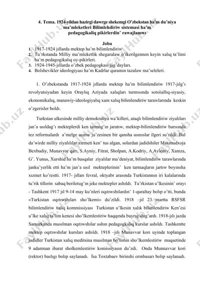 o'zbekstan ha'm dunyo mamlakatlerinde bilimlendirish sistema va pedagogik fikrlar tarixi — DOCX