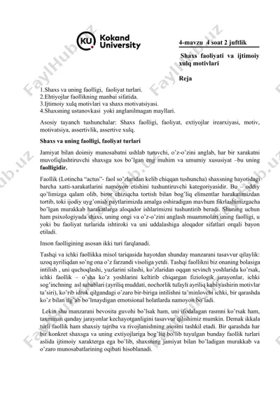 shaxs faolligi va motivatsiya — DOCX