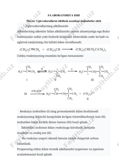 laboratoriya ishi - uglevodorodlarni alkillash asosidagi mahsulotlar olish — DOCX