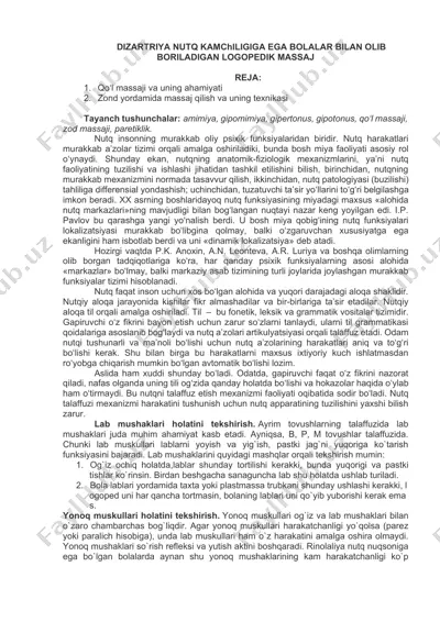 dizartriya nutq kamchiligiga ega bolalar bilan olib boriladigan logopedik massaj — DOCX