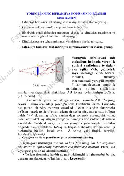 yorug‘likning difraksiya hodisasini o‘rganish — DOCX