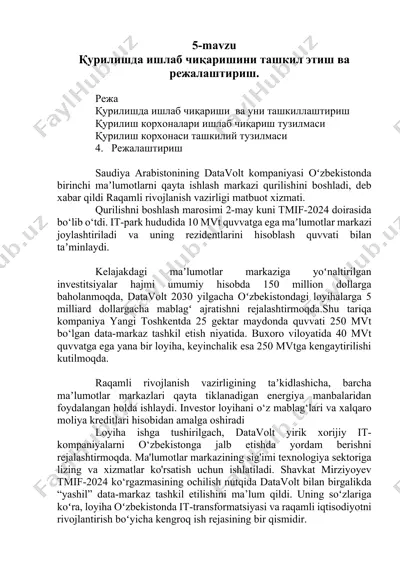 qurilishda ishlab chiqarishini tashkil etish va rejlashitirish — DOCX