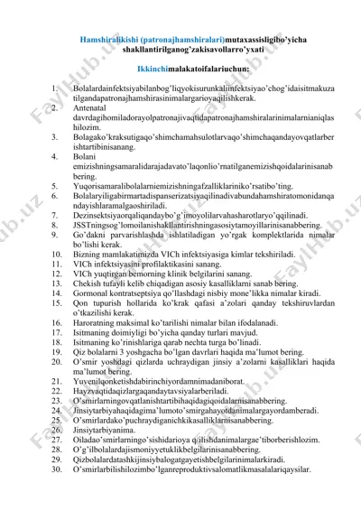 hamshiralik ishi (patronaj hamshiralari) mutaxassisligi bo'yicha og'zaki savollar ro'yxati — DOCX