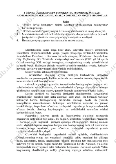 o‘zbekistonda demokratik, fuqarolik jamiyati asoslarining shakllanishi, amalga oshirilgan siyosiy islohotlar — DOCX