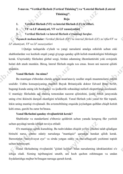 vertikal fikrlash (vertical thinking”) va “loterial fikrlash (lateral thinking) — DOCX