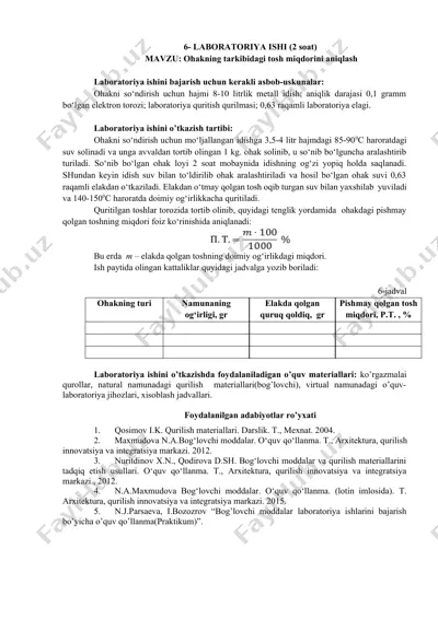 laboratoriya ishi (ohakning tarkibidagi tosh miqdorini aniqlash) — DOCX