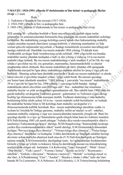 1924-1991 yillarda o’zbekistonda ta’lim tizimi va pedagogik fikrlar rivoji — DOCX