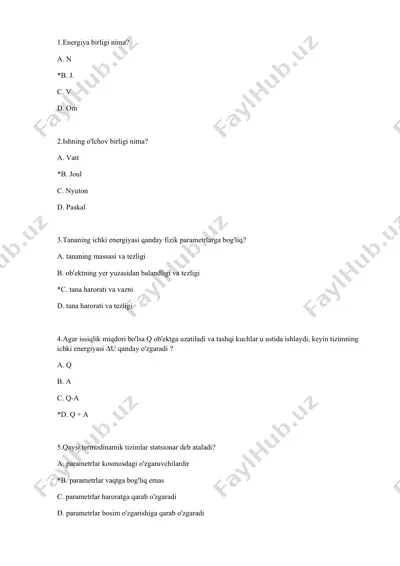 termodinamika test savollari — DOCX