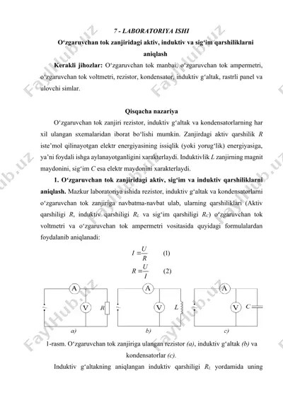 laboratoriya ishi - oʻzgaruvchan tok zanjiridagi aktiv, induktiv va sigʻim qarshiliklarni aniqlash — DOCX