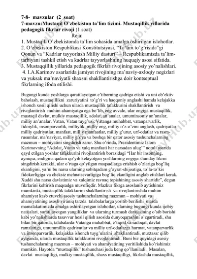 mustaqil o’zbekiston ta’lim tizimi. mustaqillik yillarida pedagogik fikrlar rivoji — DOCX